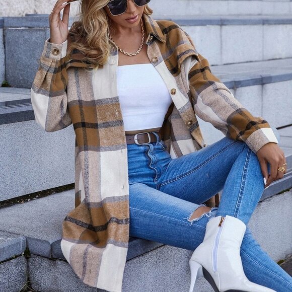 Casual Plaid Print Shacket Khaki - Picture 4 of 5